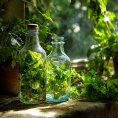 Fresh mint leaves displayed in glass bottles on a sunny windowsill surrounded by green plants