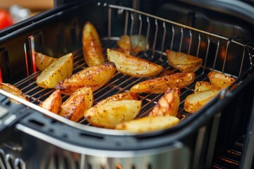 Potato wedges cooking in an air fryer, offering a healthier alternative to deep frying
