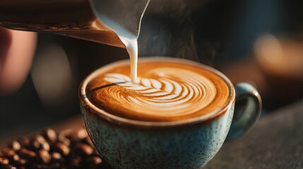 Beautiful latte art being created with steamed milk in a cozy coffee shop setting