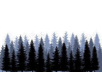 Blue monochrome winter trees frame, pine forest border, winter snow pine tree with transparent background
