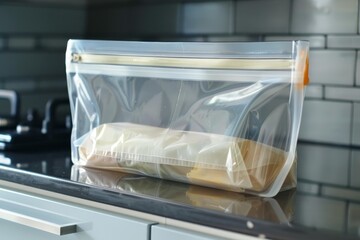 Obraz premium Reusable silicone bag laying on a countertop full of leftovers, promoting a sustainable lifestyle