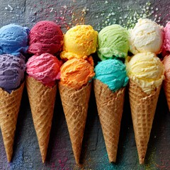 Colorful ice cream scoops in waffle cones arranged on a textured surface
