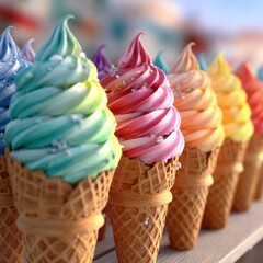 Colorful swirl ice cream cones lined up at a sunny outdoor venue on a warm summer day