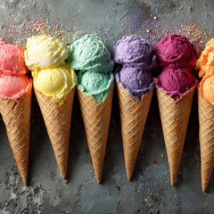 Colorful ice cream cones arranged in a row on a textured surface with small sprinkles