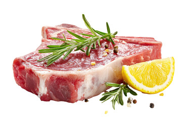 Raw steak, rosemary sprigs, lemon wedge. Clean cut of beef