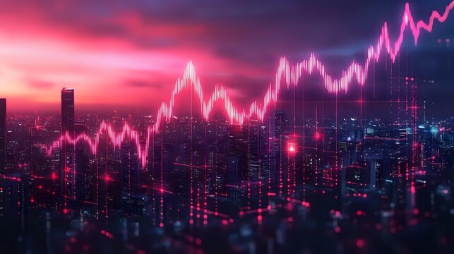 Glowing pink stock market graph over modern city skyline at sunset, combining financial data visualization with urban landscape in vibrant neon colors.
