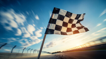 Checkered racing flag flutters in wind, symbolizing victory and excitement at racetrack during sunset