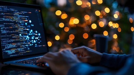 Programming code on laptop screen with festive bokeh lights in background, hands typing on keyboard in dark room creating cozy evening atmosphere.