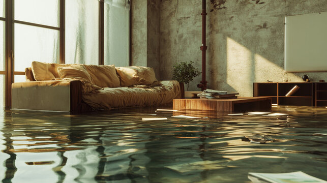 Modern living room with wooden floors partially submerged in water, creating serene yet unsettling atmosphere