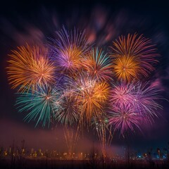 Colorful firework display lighting up the night sky in a festive celebration with vibrant sparks and shapes