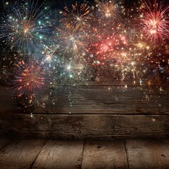 Colorful fireworks light up the night sky above a rustic wooden surface during a festive celebration