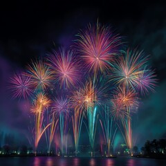 Colorful fireworks illuminate the night sky over a peaceful lake during a celebration event