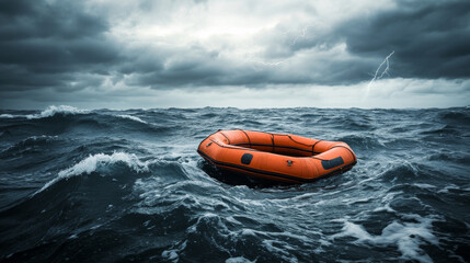 Empty orange lifeboat floats alone on choppy gray waves under stormy sky, evoking sense of isolation and uncertainty