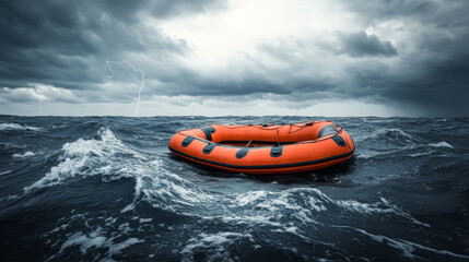 Empty orange lifeboat floats alone on choppy gray waves under stormy sky, evoking sense of isolation and uncertainty