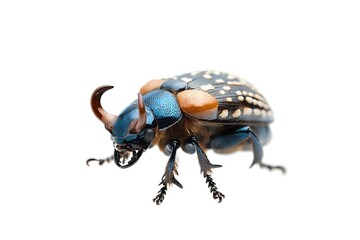 Metallic blue and copper beetle with spotted wing pattern isolated on pure white background, macro photography showing detailed insect anatomy and texture.