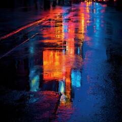 Colorful reflections on a wet street at night in a city after rain