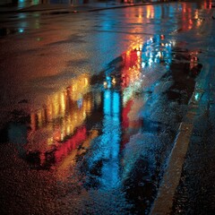 Colorful reflections on wet pavement at night in an urban setting with bright lights shining from nearby buildings