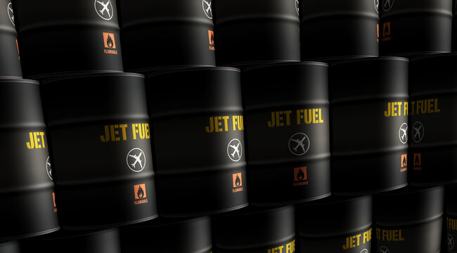 Jet fuel airplane oil barrels in row