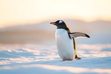 Naklejka premium Gentoo penguin standing on snow wings outstretched illuminated by golden light in Antarctica