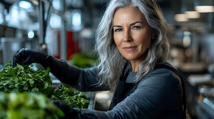Confident mature woman with silver gray hair working in modern restaurant kitchen, wearing black apron while handling fresh herbs and produce.