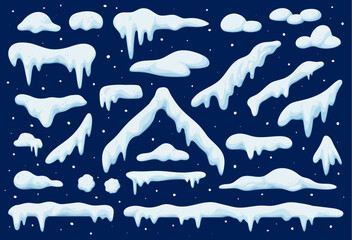 Cartoon winter vector snow caps and drifts, snowball and snowflakes. Christmas window, chimney or roof snowy ice piles, curved snow blanket isolated on dark blue background. Winter snowy roof framing © Vector Tradition