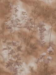 Delicate flowers and leaves on textured background creating a soft, natural pattern in warm brown tones