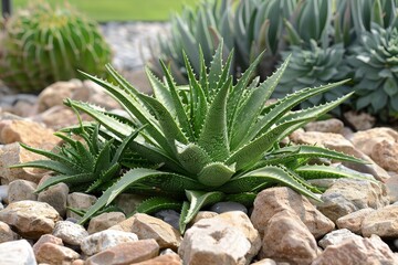 Fototapeta premium Aloe aristata growing in a rock garden with other succulents