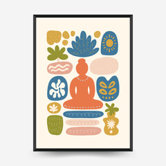 Minimal vector poster inspired by calm energy and meditation. Abstract yoga silhouette, soft lines, and natural balance. Perfect for modern wall art and mindful design.