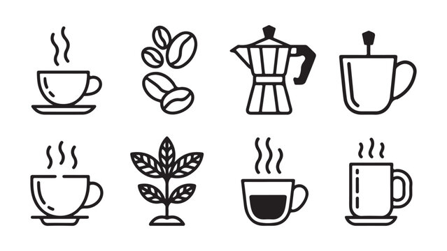 Modern coffee cup icon set with various color options and classic typography elements