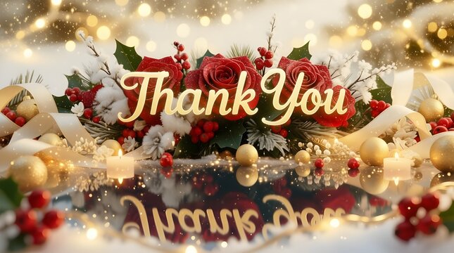 Elegant Christmas “Thank You” Floral Message on Snow with Sparkling Lights and Festive Ornaments