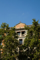 Fototapeta premium Historic European building facade framed by green trees under blue sky vertical