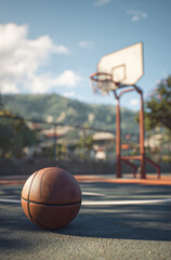Basketball rests on outdoor court with hoop in background, set against scenic mountain view under clear sky