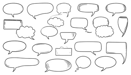 Collection of black-outlined speech bubbles, various shapes, sketched in doodle style on a white background