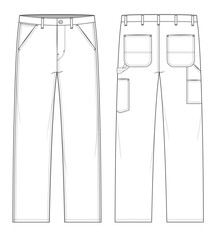 Oversized denim pant technical flat sketch vector mockup illustration.