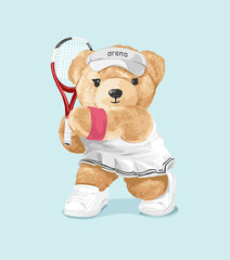 cute girly bear doll tennis player vector illustration - drawn by hand