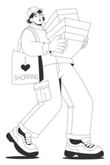 Minimalist outline drawing of man holding shopping boxes and paper bag.