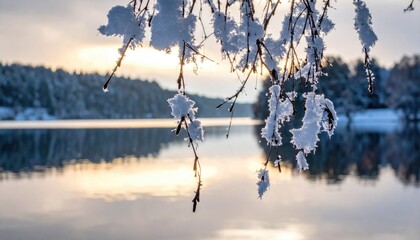 Snowy branches frame a calm lake under a warm winter sky
