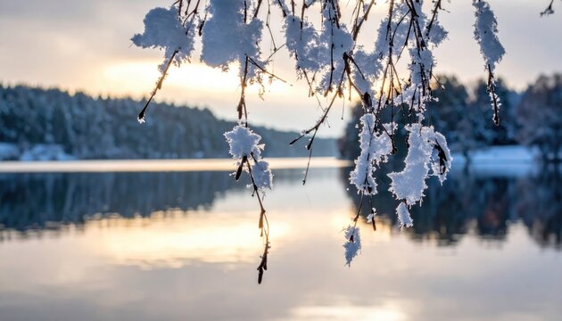 Snowy branches frame a calm lake under a warm winter sky