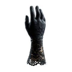 A sophisticated black lace glove elegantly poised on a black background, isolated on white background