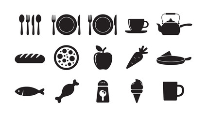 A collection of diverse kitchen and food themed icons for digital and print design projects
