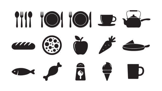 A collection of diverse kitchen and food themed icons for digital and print design projects