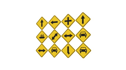 Collection of yellow diamond traffic signs including arrows, cars, and intersection symbols for road safety and navigation concepts.