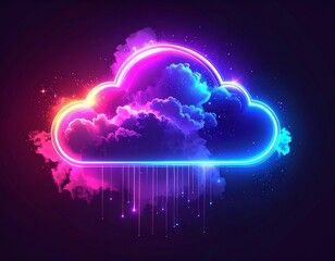 Obraz premium cloud computing concept, glowing cloud in the sky, abstract motion background, neon light flowing cloud icon isolated on black background, vibrant colour light streak ray, light flare
