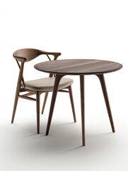 wooden dining chair with curved back paired with round walnut table on clean white background