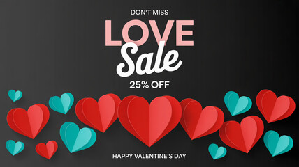 Valentine's Day Love Sale Banner with Red and Teal Hearts and 25% Off Message discount 25 percent off