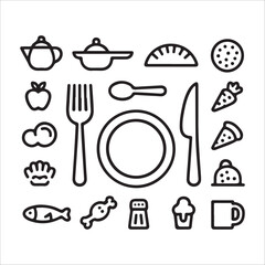 A diverse collection of kitchen and food themed icons for culinary design projects