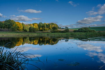 Herbstliche Landschaft am ruhigen Teich mit bunten B&auml;umen und spiegelndem Wasser unter blauem Himmel