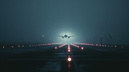 Airplane landing on runway in heavy fog illuminated by guiding lights at night representing travel mystery and adventure perfect for cinematic transport visuals