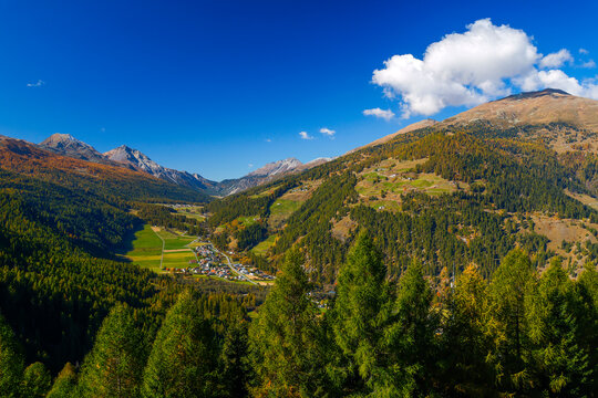 Autumn landscape of Val Mustair valley and Umbrail Pass of canton Grisons, Graubunden, Switzerland.	