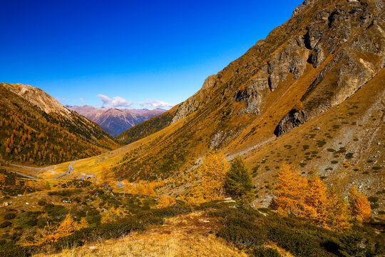 Autumn landscape of Val Mustair valley and Umbrail Pass of canton Grisons, Graubunden, Switzerland.	
